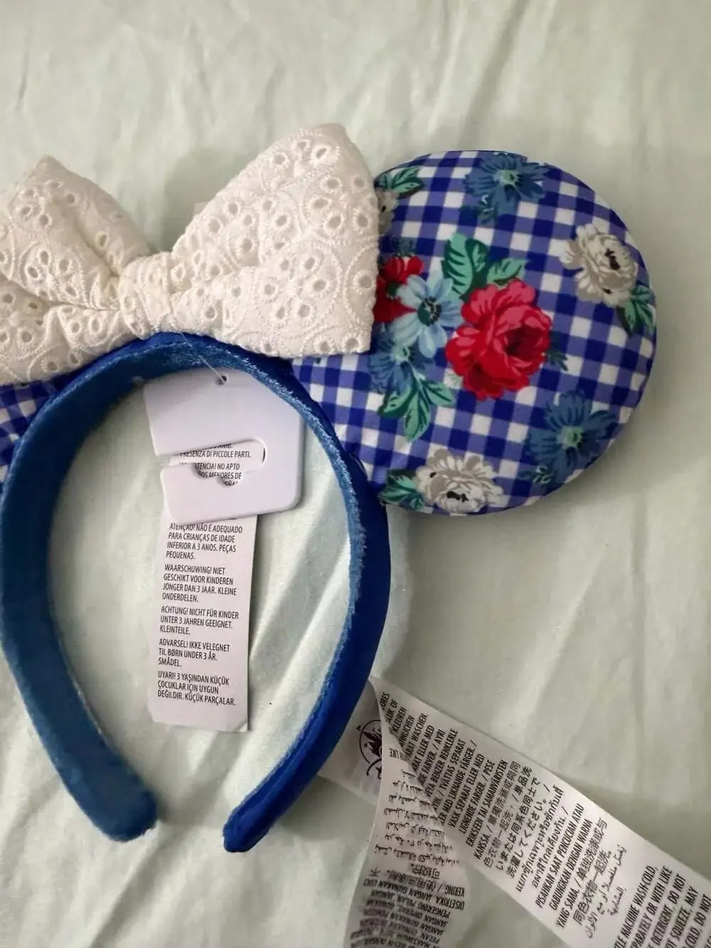 Disney Parks Minnie Mouse Blue Gingham Floral Checkered Ear Headband
